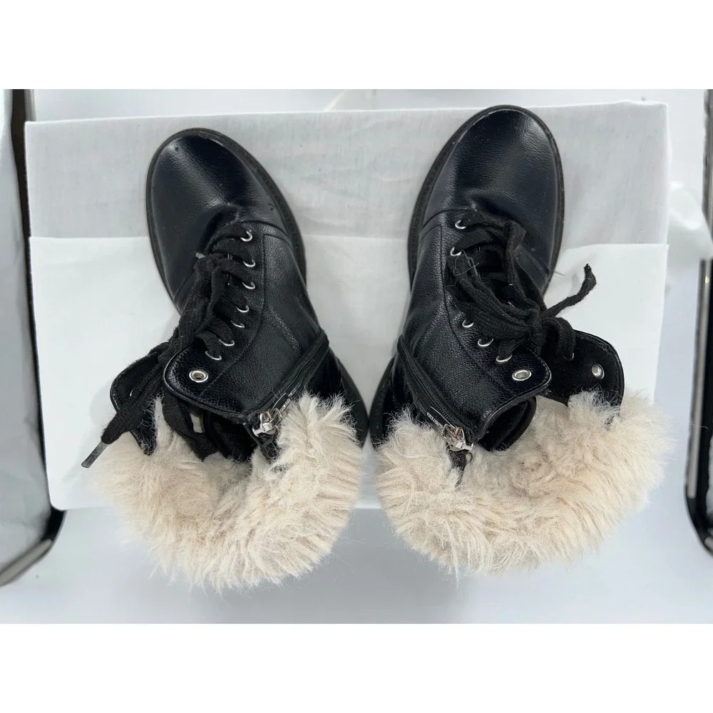 Vince Camuto Kids Black Leather Faux Fur Trim Lace Up Combat‎ Boots Side Zip